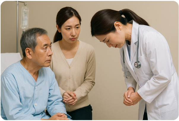 환자와 보호자에게 정중히 사과하는 의료인