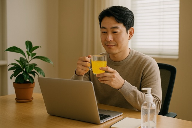 직장인이 사무실에서 감기 예방을 위해 따뜻한 유자차를 먹는 모습
