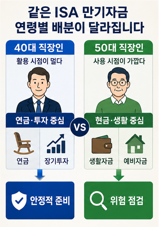 40대와 50대의 은퇴 시점에 따른 ISA 만기자금 목적별 배분 차이
