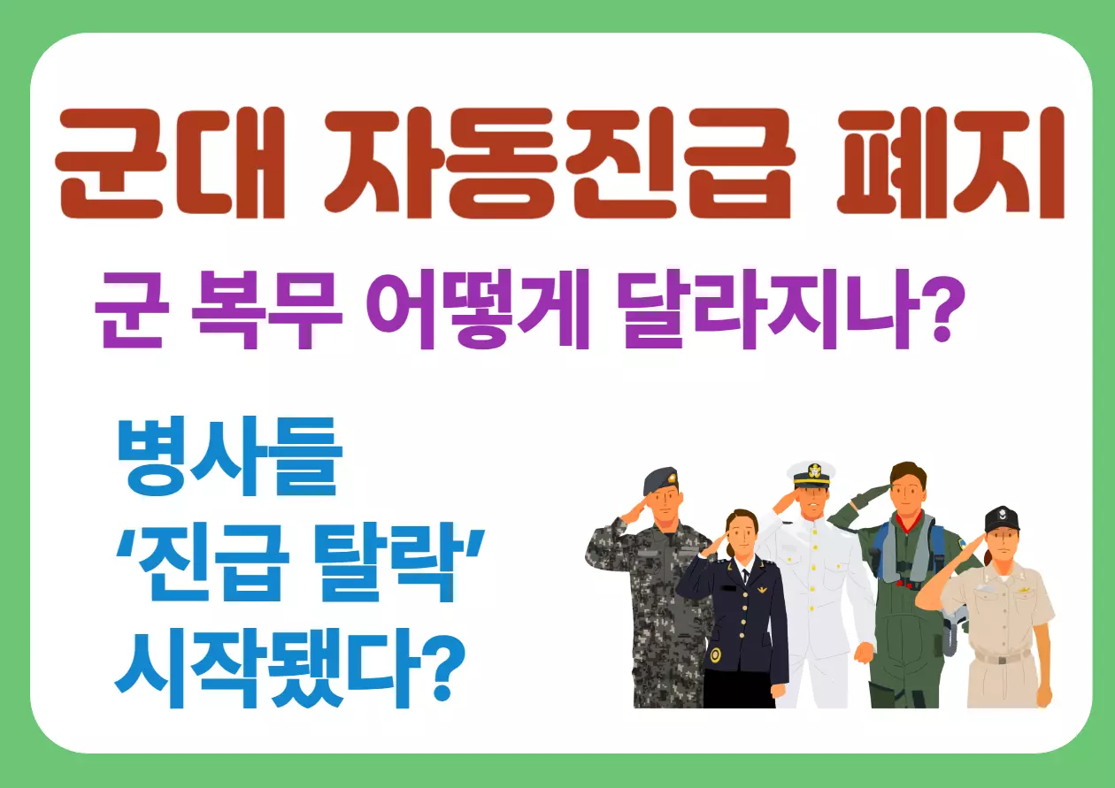 "군대 자동진급 폐지 &ndash; 병사들의 &lsquo;진급 탈락&rsquo;이 시작됐다? 다양한 군 복무복을 입은 군인 캐릭터들과 함께 정책 변화 메시지를 강조한 썸네일형 이미지."