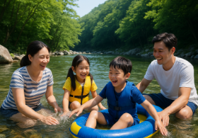 계곡에서 물놀이 하고 있는 가족 모습