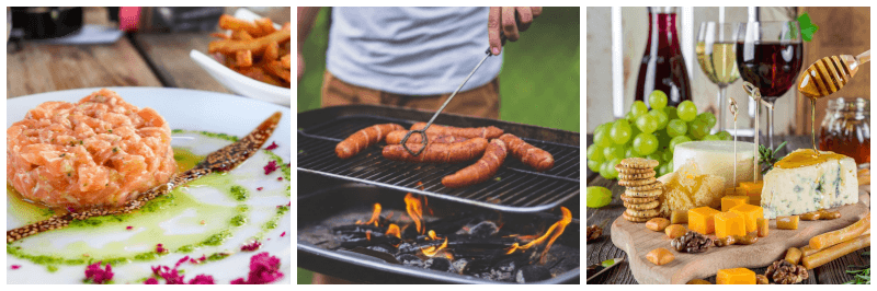 연어 타르타르, 바비큐 소시지, 치즈 플레이트 사진