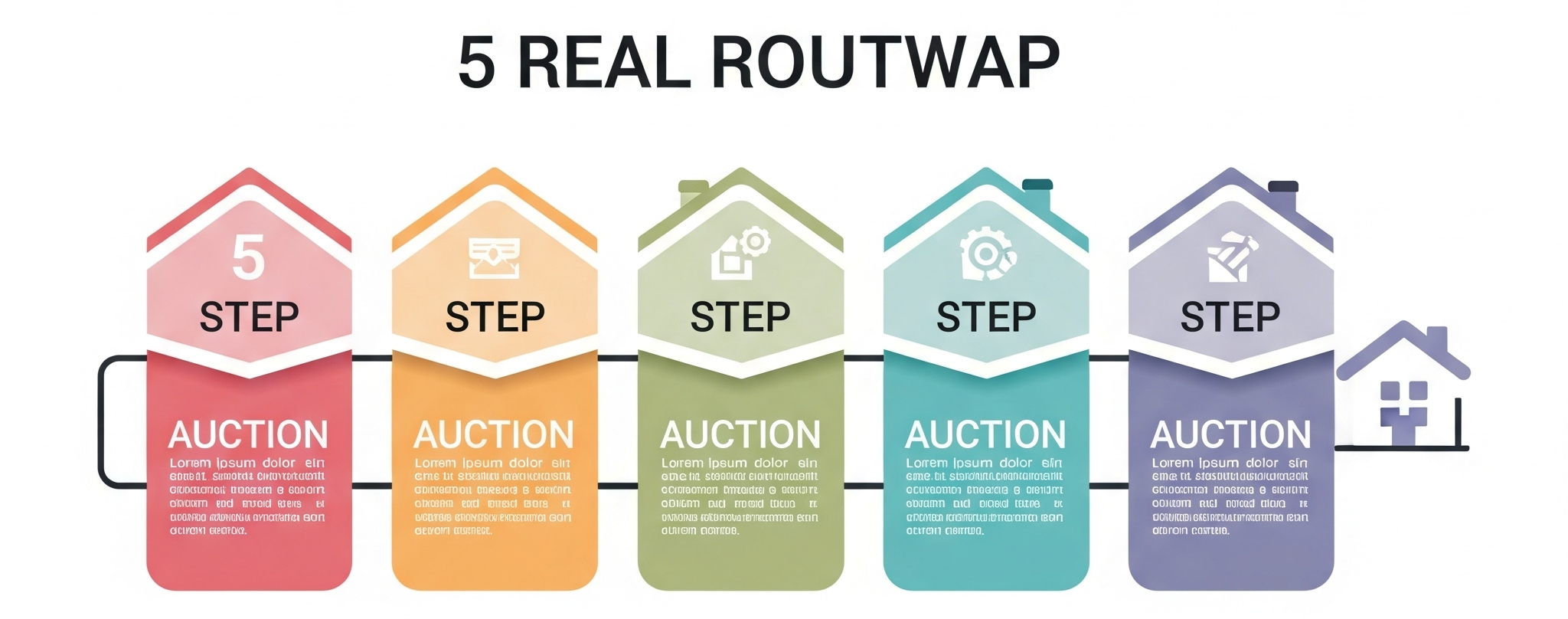 부동산 경매의 5단계 로드맵: 물건 검색, 권리분석, 현장조사, 입찰, 명도 아이콘