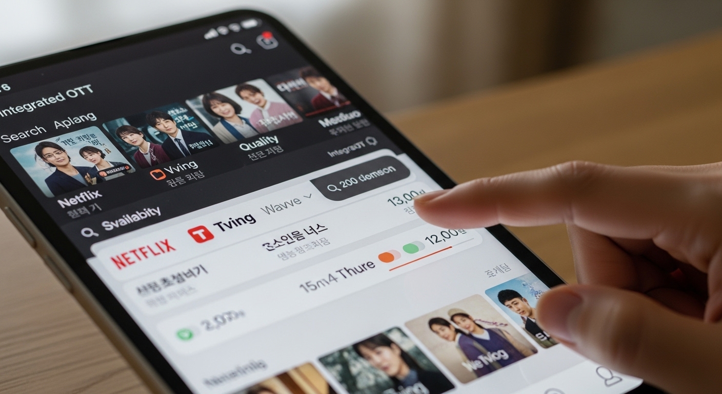 스마트폰 화면에 여러 OTT 플랫폼에서 인기 한국 드라마 검색 결과와 가격 정보가 한눈에 표시된 통합 앱 인터페이스.