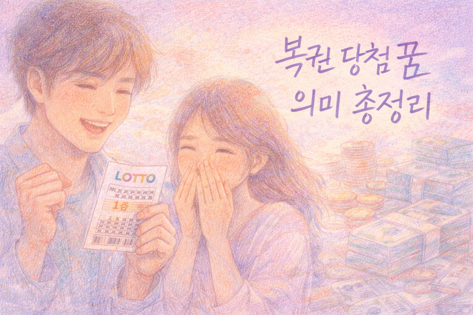 복권 당첨 꿈을 기뻐하는 성인 커플과 로또 용지 일러스트