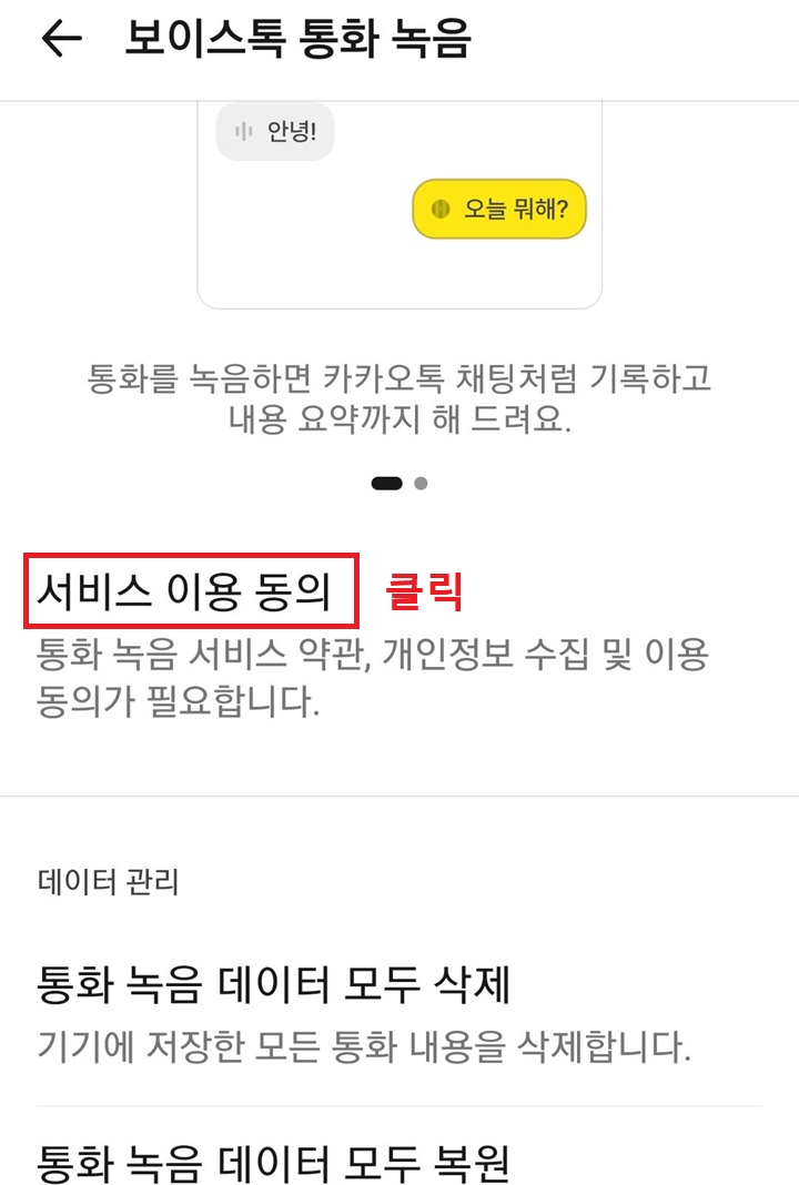 보이스톡 통화 페이지에서 서비스 이용 동의 메뉴가 보임