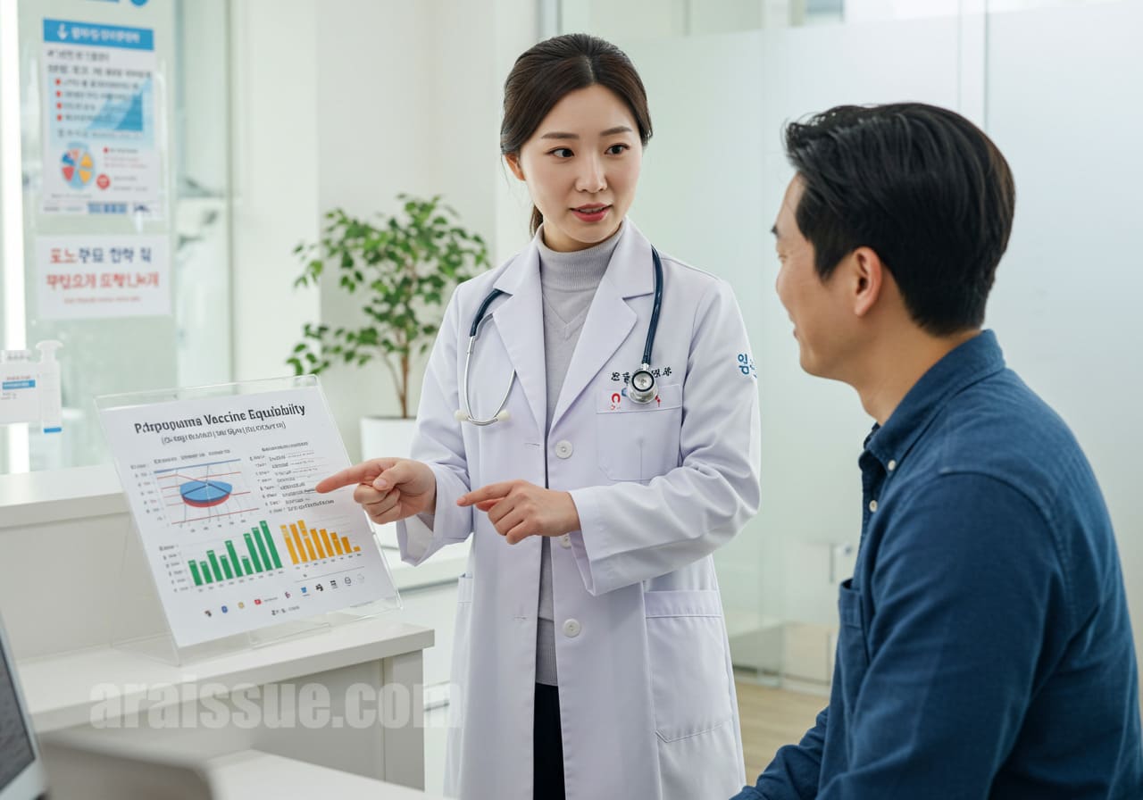 한국의 의사가 폐렴 예방접종 신청 조건에 대해 설명하는 모습. 환자는 차트를 보고 있으며, 실내는 현대적인 의료 환경.