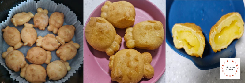 왼쪽부터 슈크림붕어빵 굽기전-구은 후-구은 후 단면