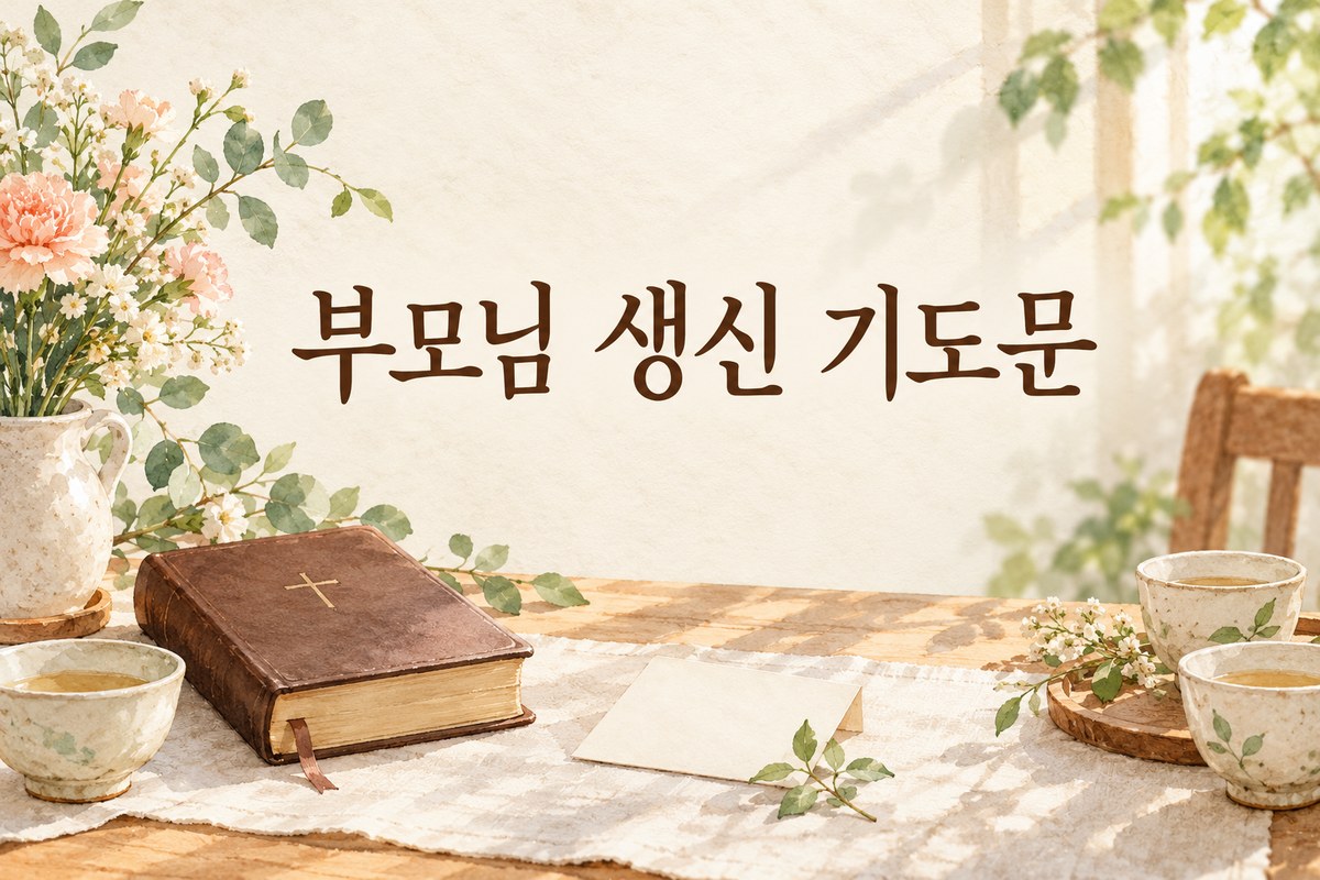 꽃과 성경, 찻잔을 그린 부모님 생신 기도문 표지