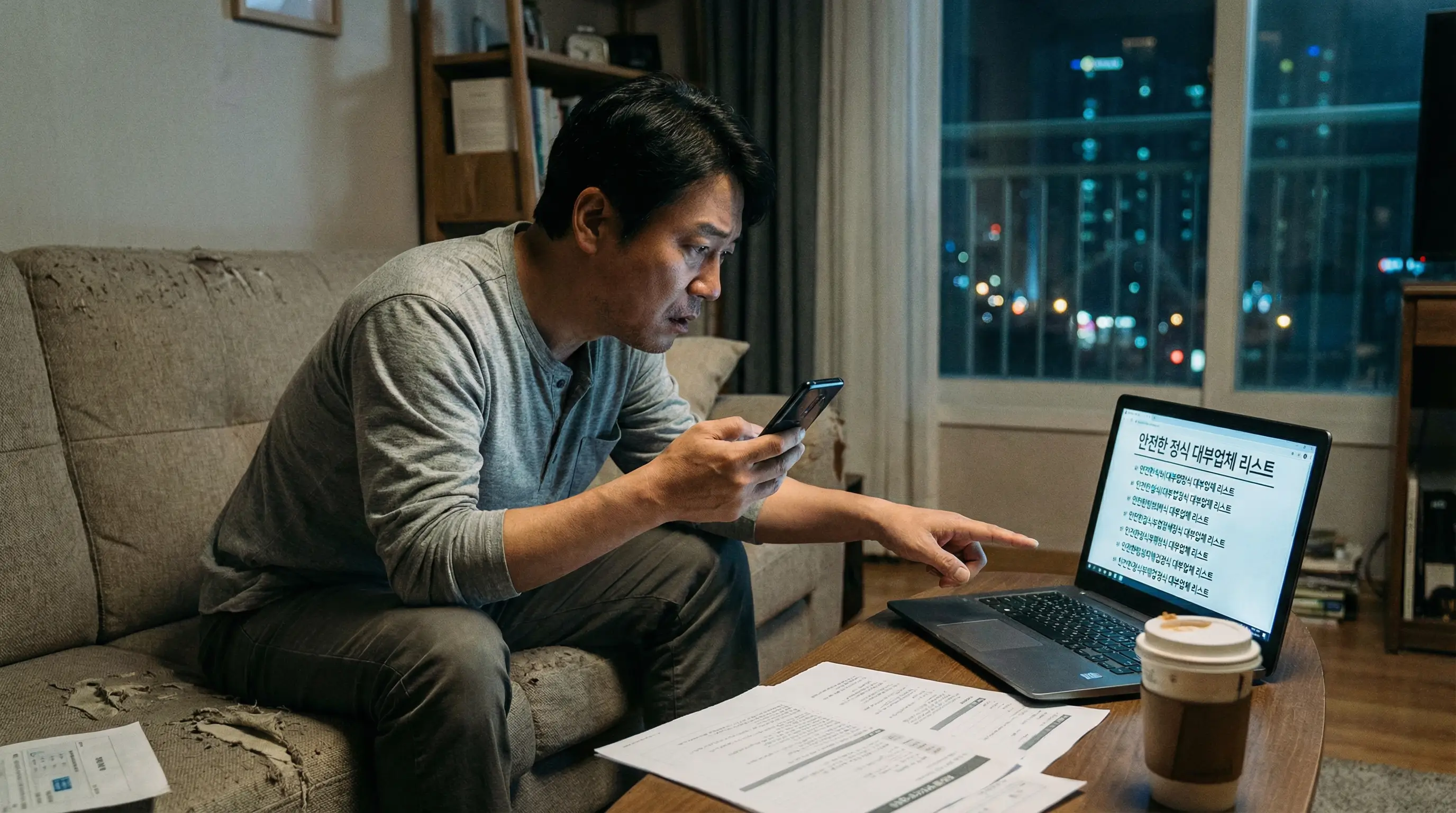 은행 대출 거절 문자를 받고 고민하다가 안전한 정식 대부업체 리스트를 발견하고 안도하는 모습