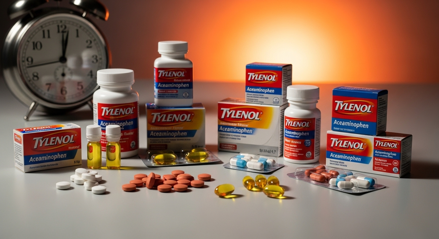 다양한 종류의 타이레놀 약과 포장재가 놓여있고, 뒤편에 시계가 보이는 모습. 타이레놀의 효과적인 복용 시간과 종류를 암시합니다.