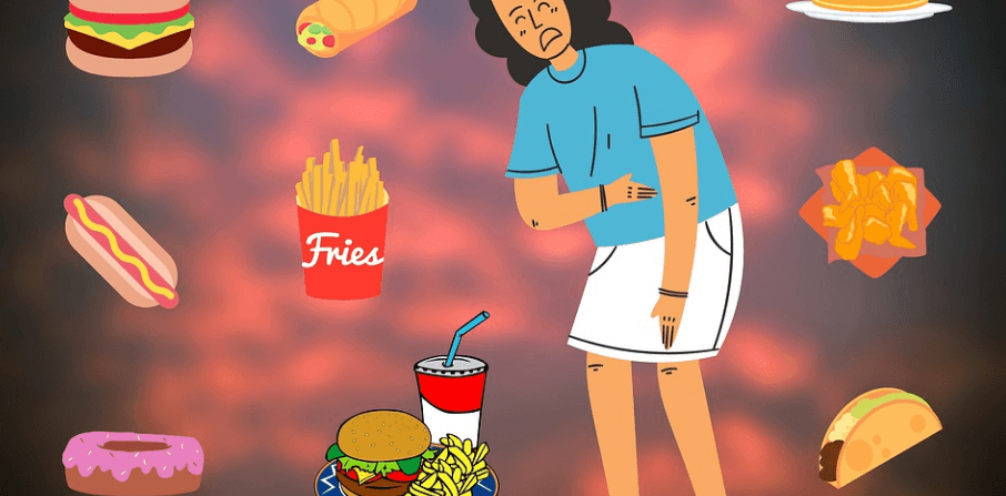 여러가지 패스트푸드 와 복통을 호소하는 여성