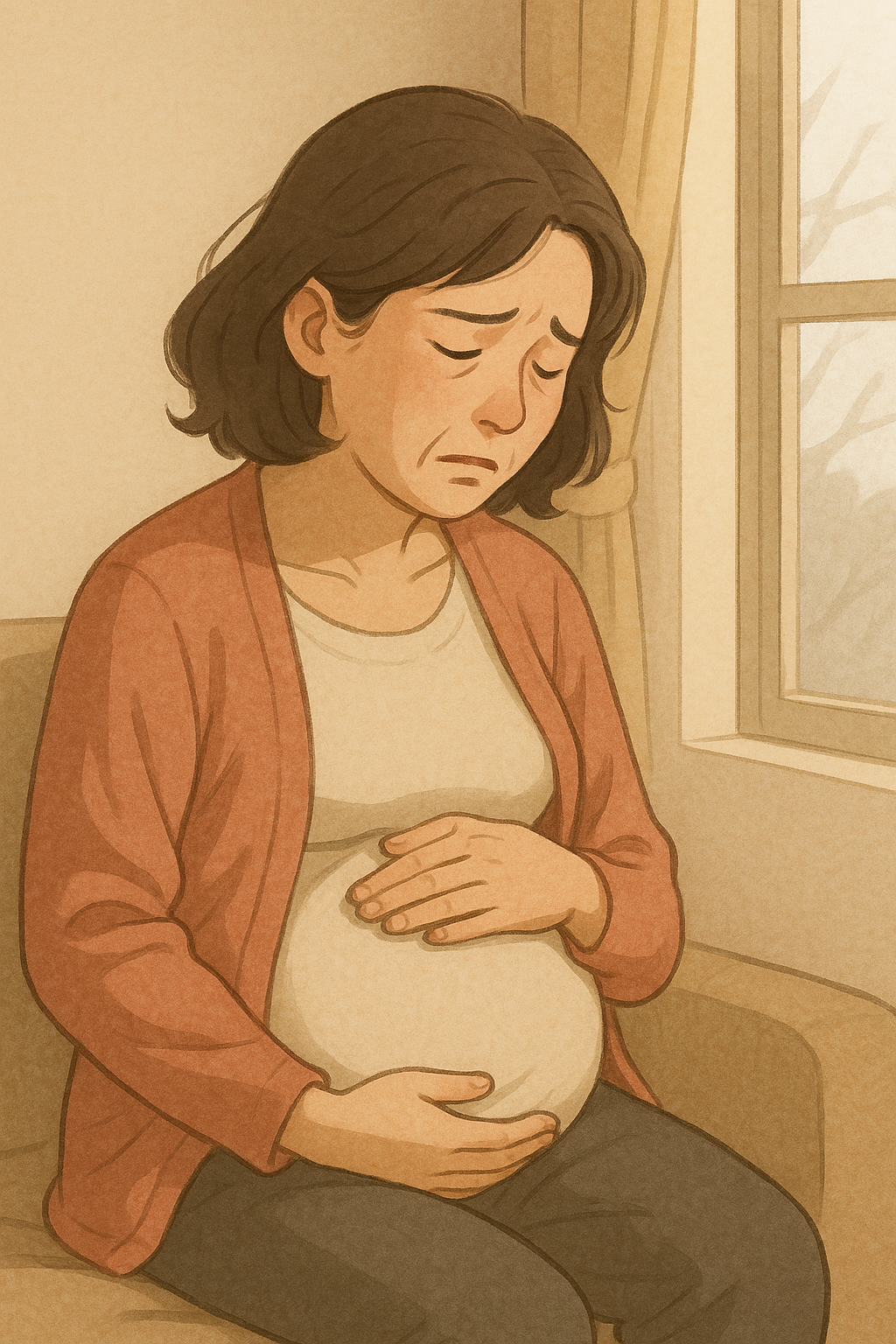 나이든 임산부가 슬퍼하는 이미지