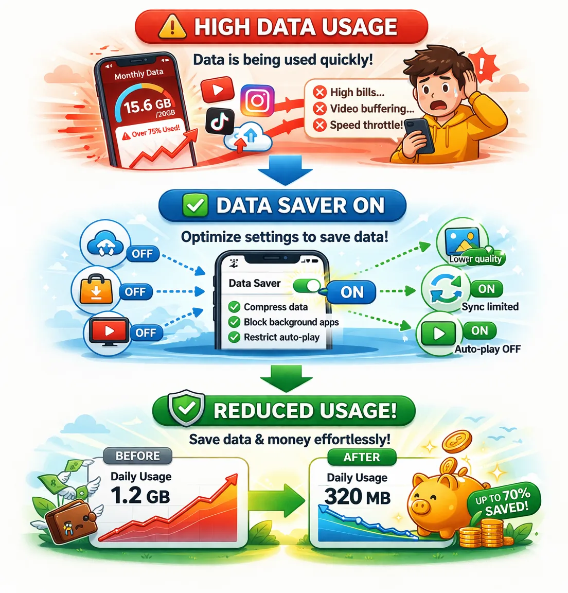 스마트폰 데이터 절약 (백그라운드 제한, 화질 조정, 요금제 선택)