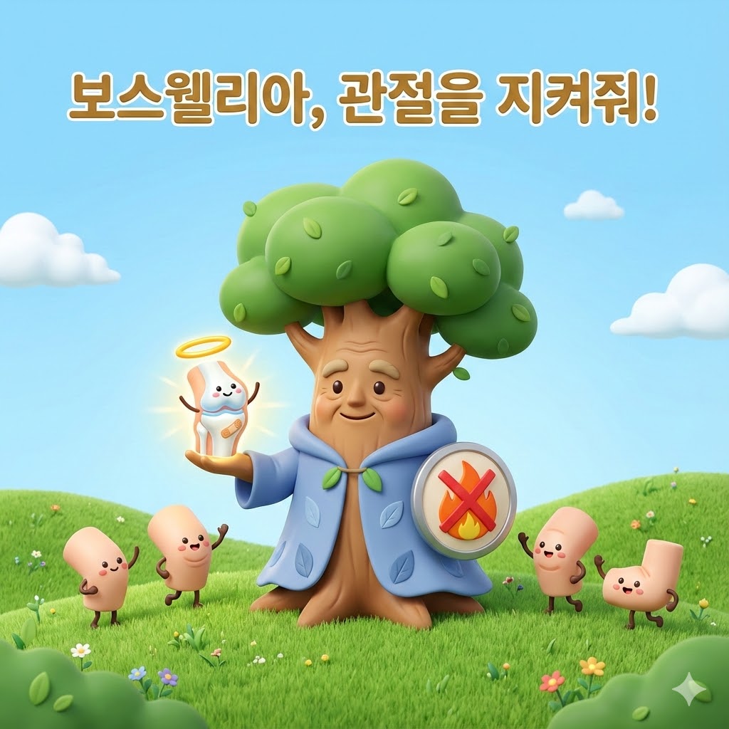 따뜻하게 웃는 보스웰리아 나무 캐릭터가 빛나는 관절을 들고 관절 캐릭터들이 춤추는 모습을 지켜보는 3D 카툰 일러스트. '보스웰리아, 관절을 지켜줘!'라는 문구가 새겨져 있다.