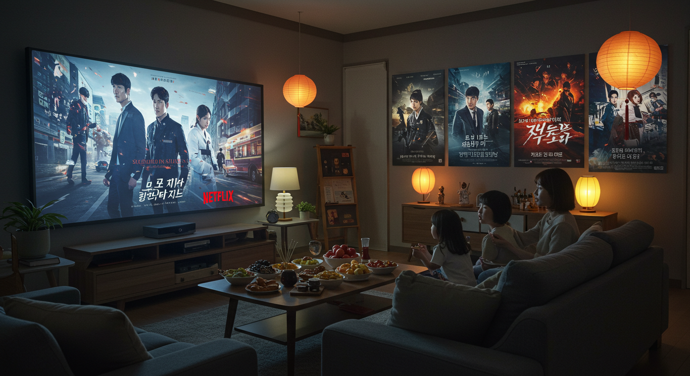 추석 연휴에 가족이 거실에서 넷플릭스 액션 미드를 함께 보는 모습의 썸네일