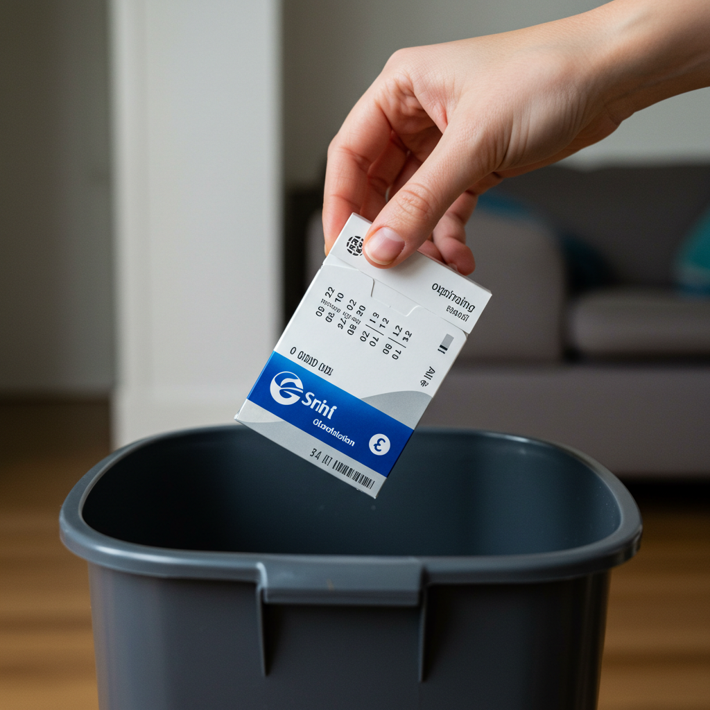 유통기한 지난 혈당 검사지 상자를 쓰레기통에 버리는 손. 올바른 건강 관리 습관을 상징.