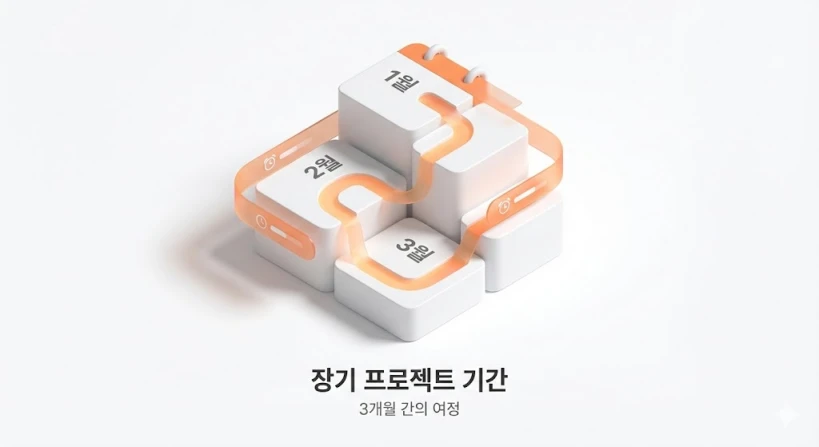 하얀 배경 위에 놓인 3D 입체 달력 인포그래픽입니다. 달력의 날짜 위로 3개월이라는 긴 기간이 부드러운 오렌지색 선으로 이어져 있어, 증상이 얼마나 오래 지속되는지가 중요하다는 점을 직관적으로 보여줍니다. 군더더기 없이 깔끔한 디자인입니다.