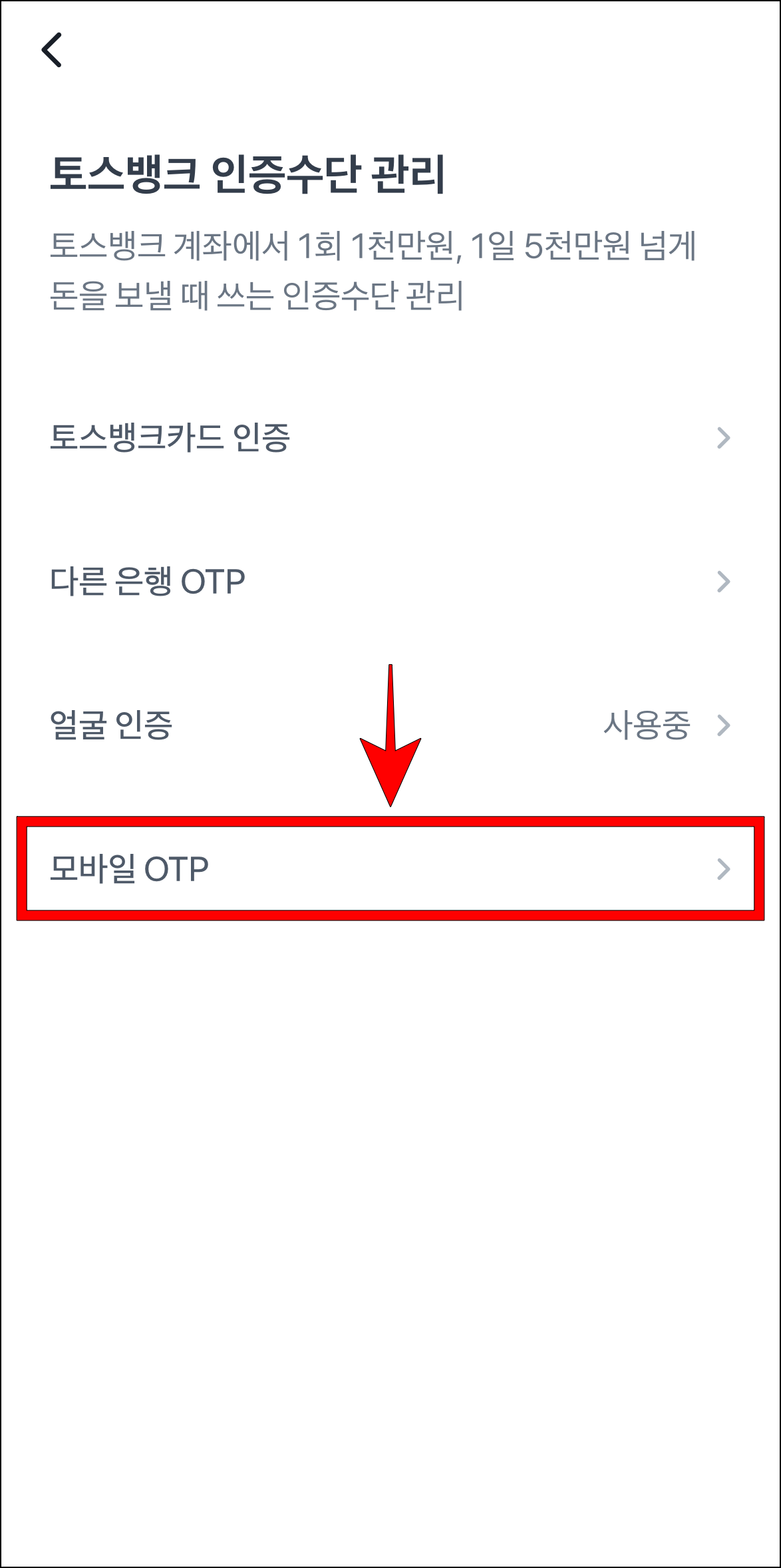 표시되는 인증수단 중 '모바일 OTP'를 선택