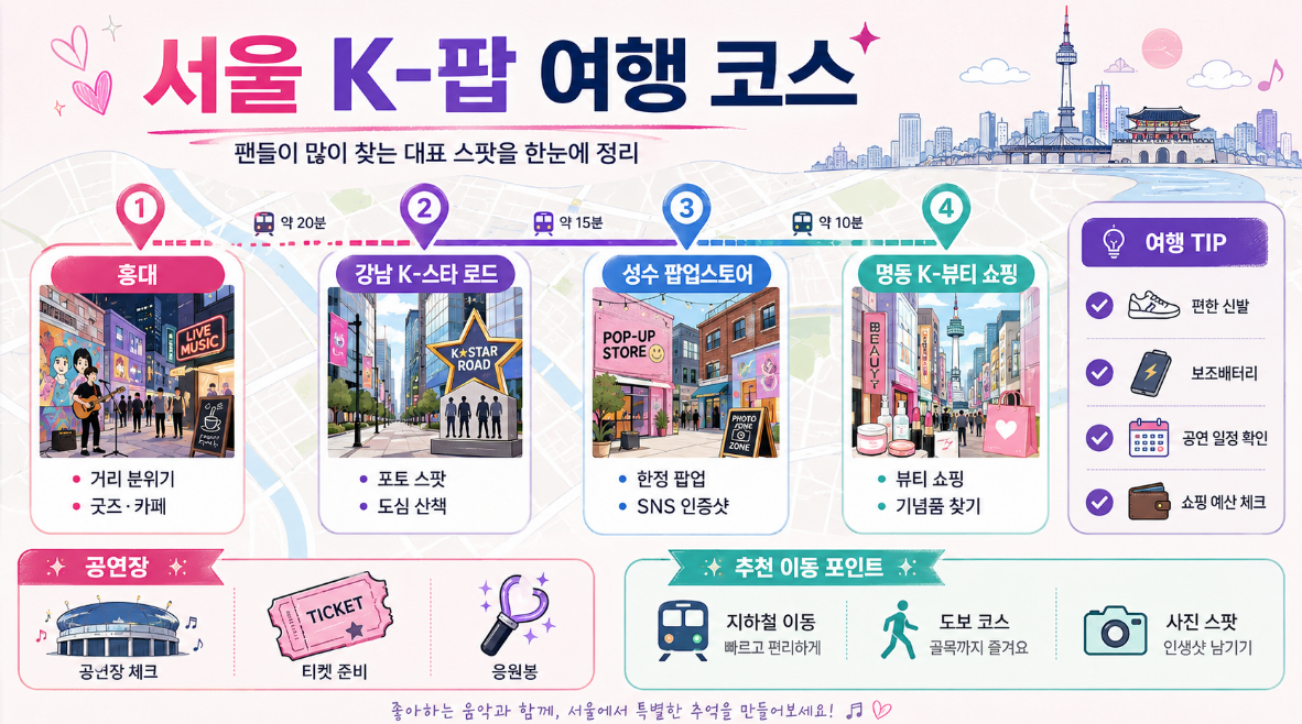 홍대 강남 K-Star Road 성수동 명동 콘서트장을 연결한 서울 K-팝 여행 코스 인포그래픽