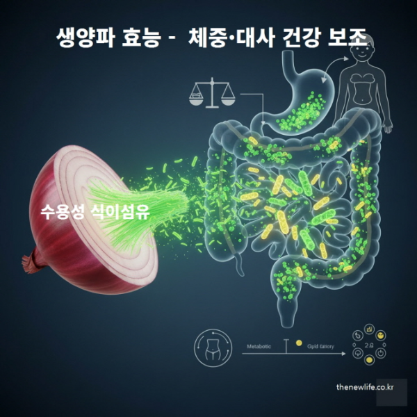 생양파 효능으로 장내 유익균 증가와 체중·대사 건강 개선을 표현한 이미지, 수용성 식이섬유가 장으로 전달되는 모습