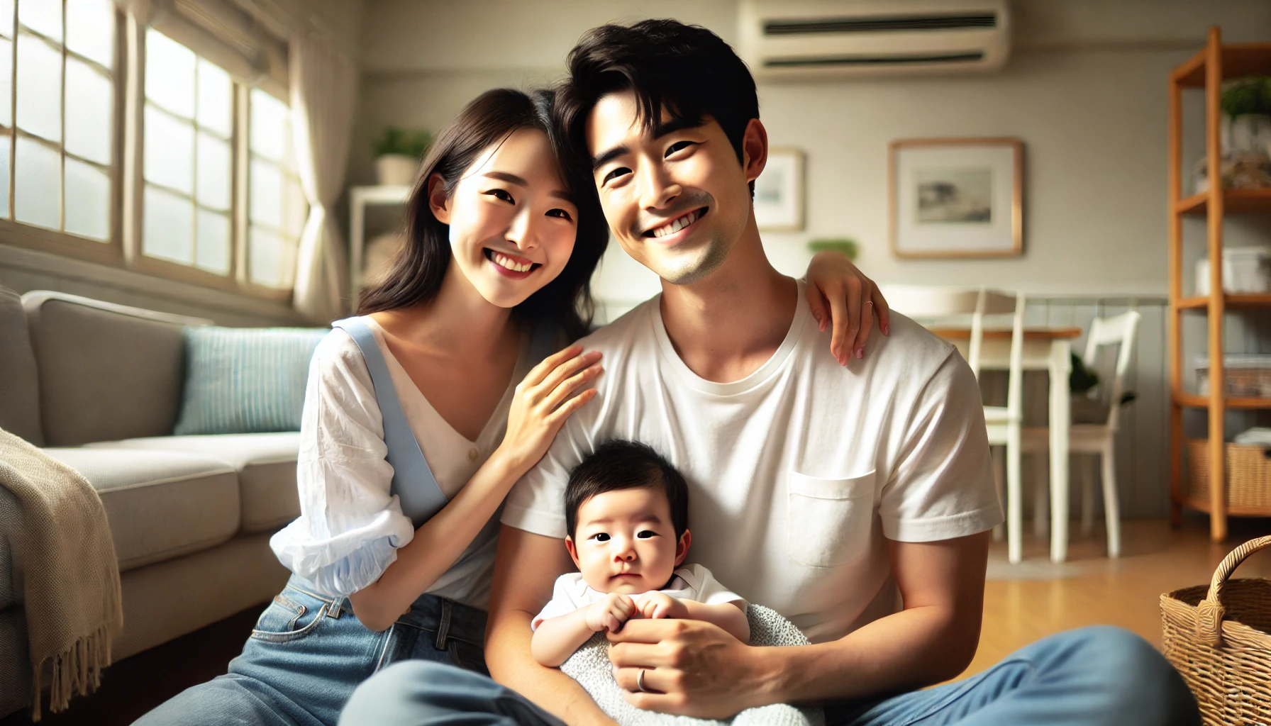 한국,-실내,-아기를-사이에-두고-마주본-30대-엄마-아빠-웃고있는,- 가로사진-03