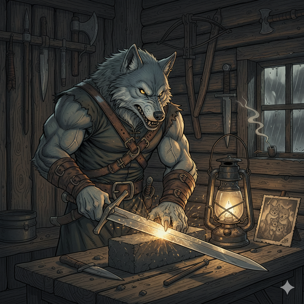 깊은 숲속 은신처를 배경으로, 사납고 냉혹한 표정의 늑대가 커다란 칼을 숫돌에 갈고 있다. 늑대의 눈은 복수심에 불타고 있으며, 칼날이 마찰하며 불꽃이 튀고 있다. 옆에는 과거의 불행을 암시하는 듯한 낡은 사진 액자가 놓여 있어, 복수를 위한 냉혹한 준비('칼을 갈다')를 하고 있음을 보여주는 만화풍 그림이다.