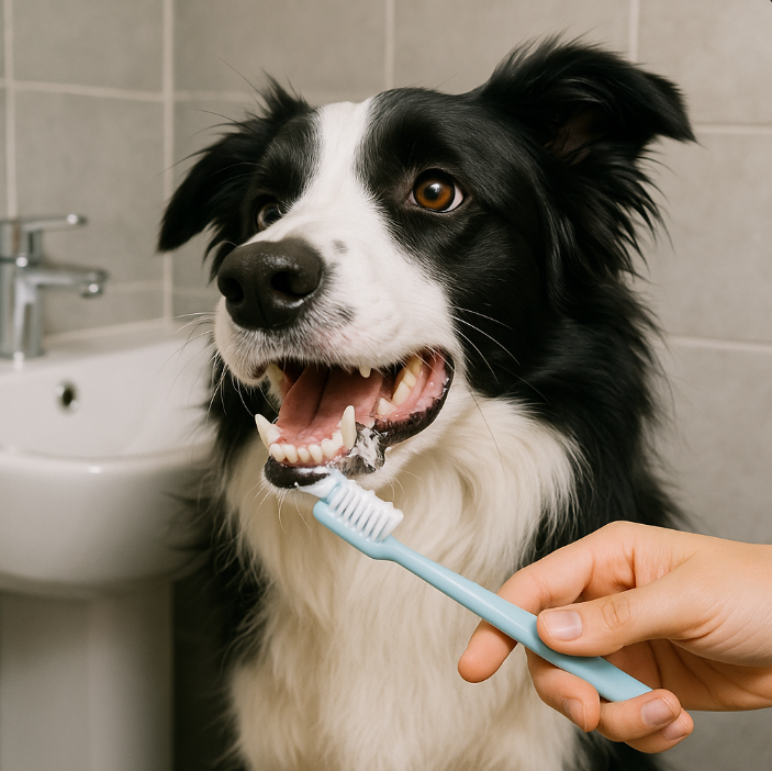 양치 준비하는 보더콜리 이미지