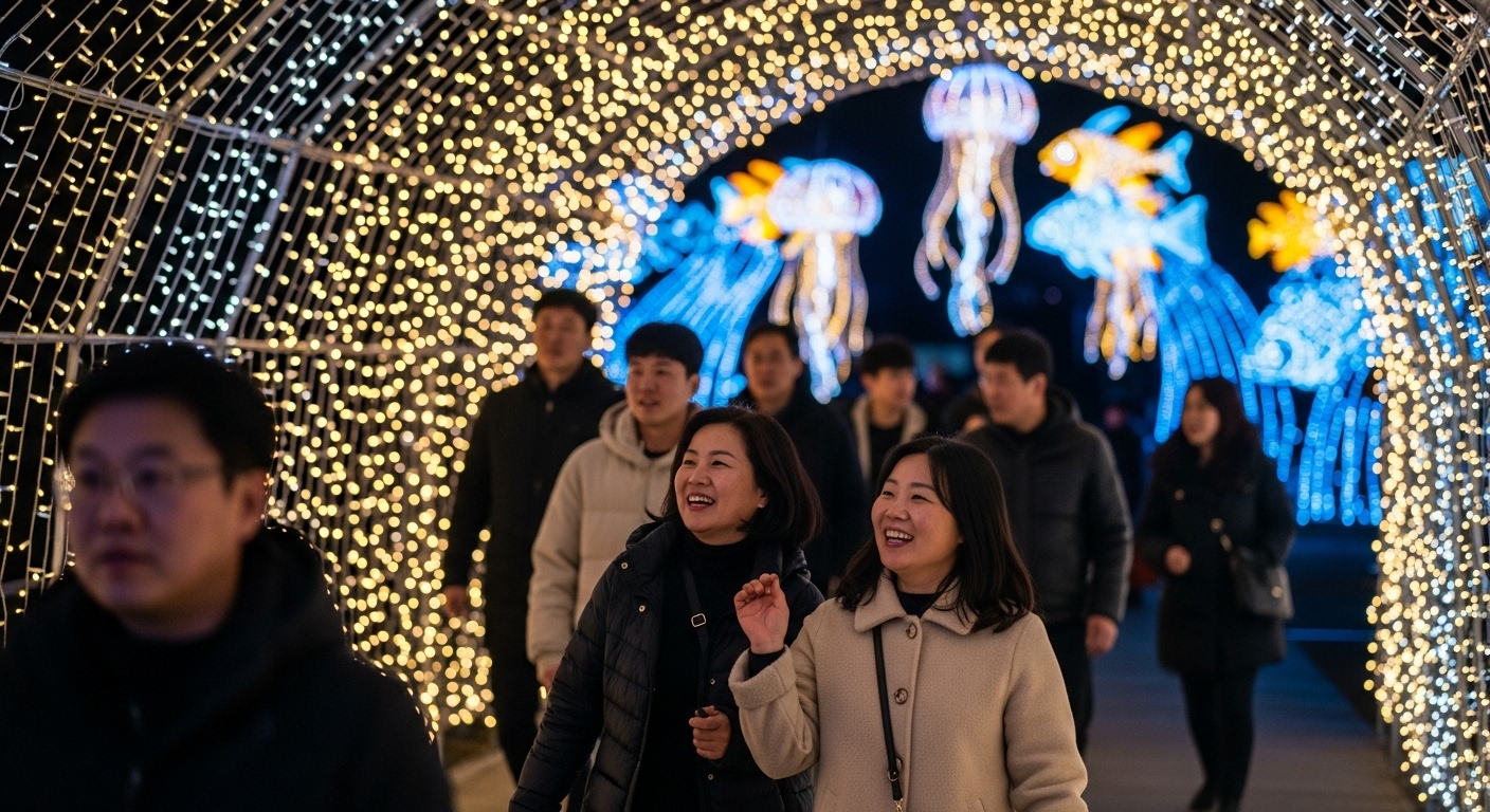 해운대 빛축제에서 빛 터널을 지나며 즐거워하는 방문객들의 모습. 화려한 해양 생물 조형물이 보인다.