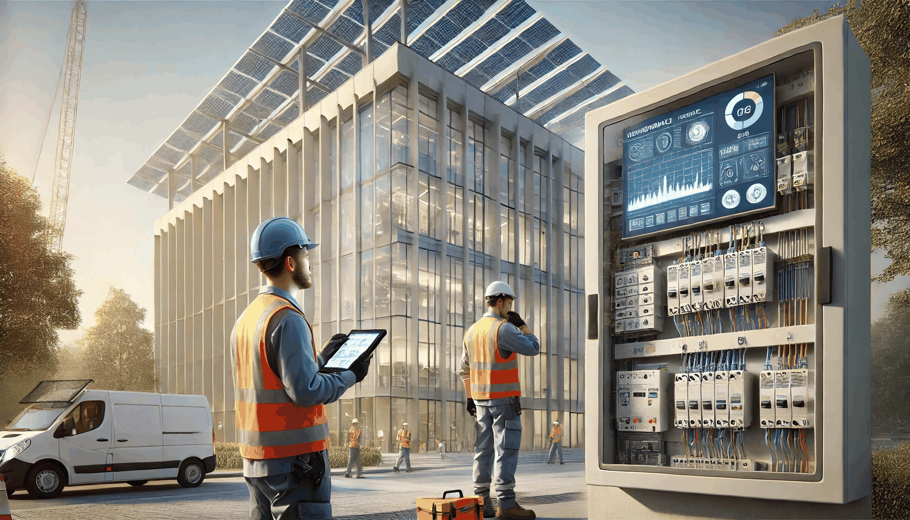 현대식 건물 앞에서 두 명의 엔지니어가 디지털 태블릿과 전기 패널을 점검하며 체계적인 유지보수 작업을 수행하는 모습