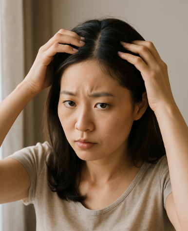 출산 후 머리를 살피며 고민하는 여성