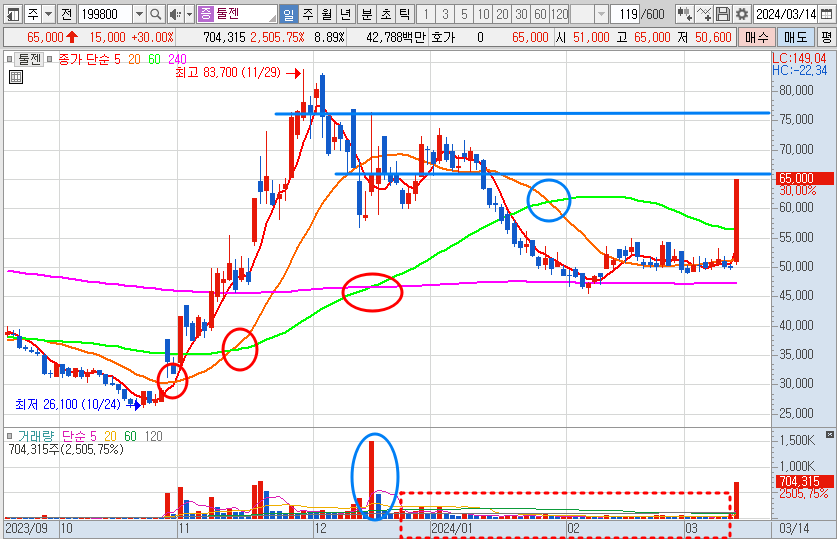 툴젠 주가 일봉 차트 분석(24.3.14)