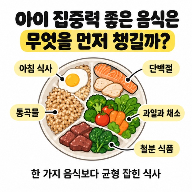 아침 식사와 단백질, 통곡물, 과일, 철분 식품을 정리한 그림