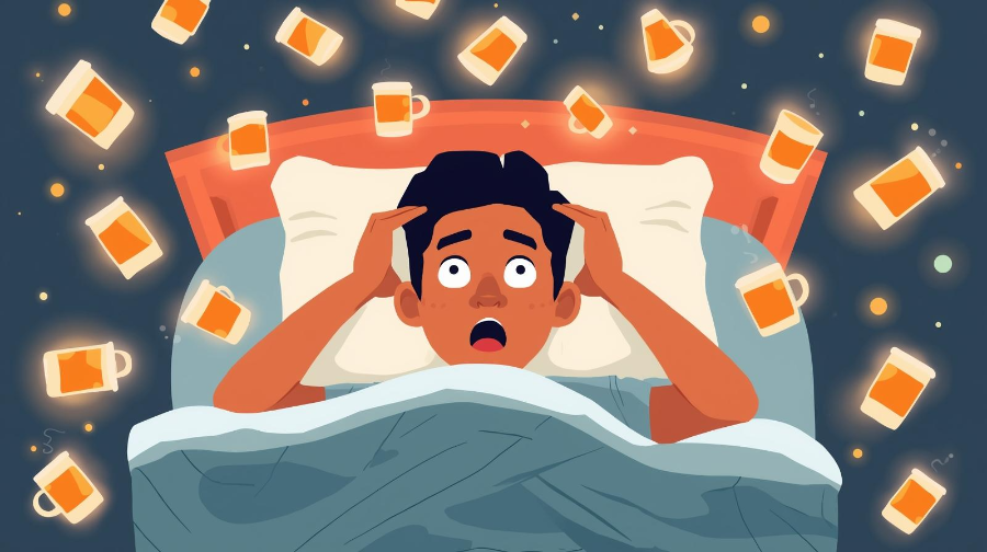 카페인 과다로 인해 밤에 뒤척이며 잠들지 못하는 사람의 모습