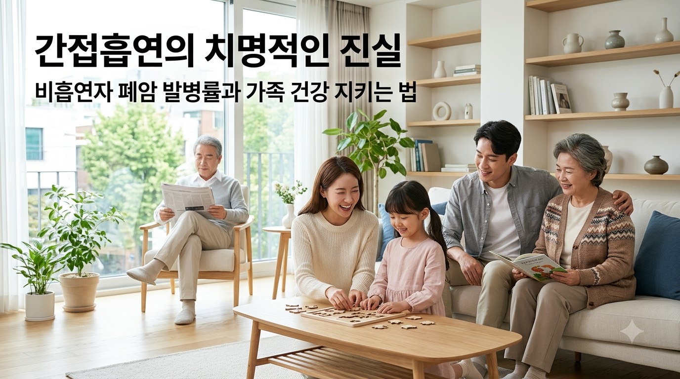 햇살이 비치는 아늑하고 깨끗한 거실에서 가족들이 담배 연기 없는 맑고 건강한 실내 환경 속에서 화목한 시간을 보내고 있는 모습. '간접흡연의 치명적인 진실', '비흡연자 폐암 발병률과 가족 건강 지키는 법'이라는 문구가 적혀 있어, 간접흡연의 위험성과 가족 건강 보호의 중요성을 시각화함.