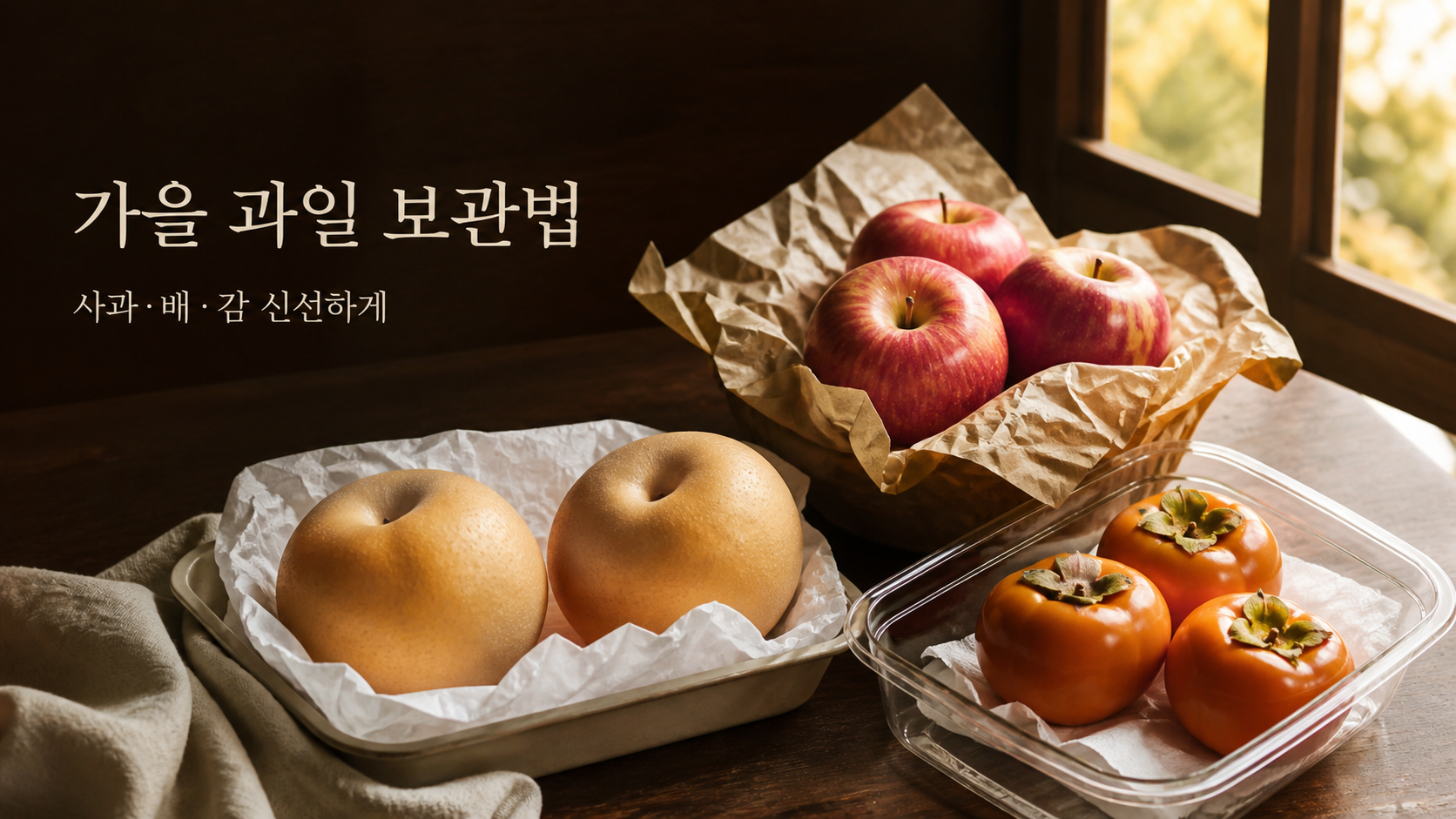 가을 식탁에 사과 배 단감을 각각 정돈해 놓은 모습