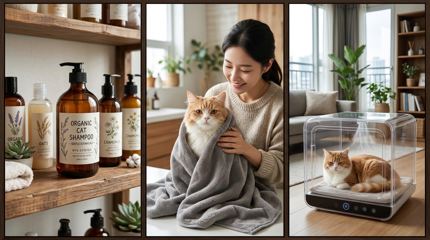 저자극 샴푸 성분 확인, 극세사 타월 건조, 저소음 펫 드라이룸 건조의 고양이 목욕 후 케어 과정