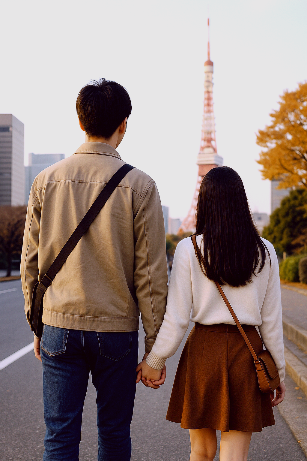 도쿄 거리에서 데이트 중인 커플