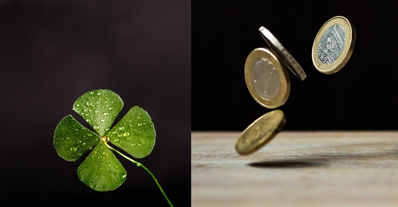 좌측은 네잎클로버로 아침이슬이 맺힌 사진이며 우측은 동전 4개가 순차적으로 떨어지고 있는 사진