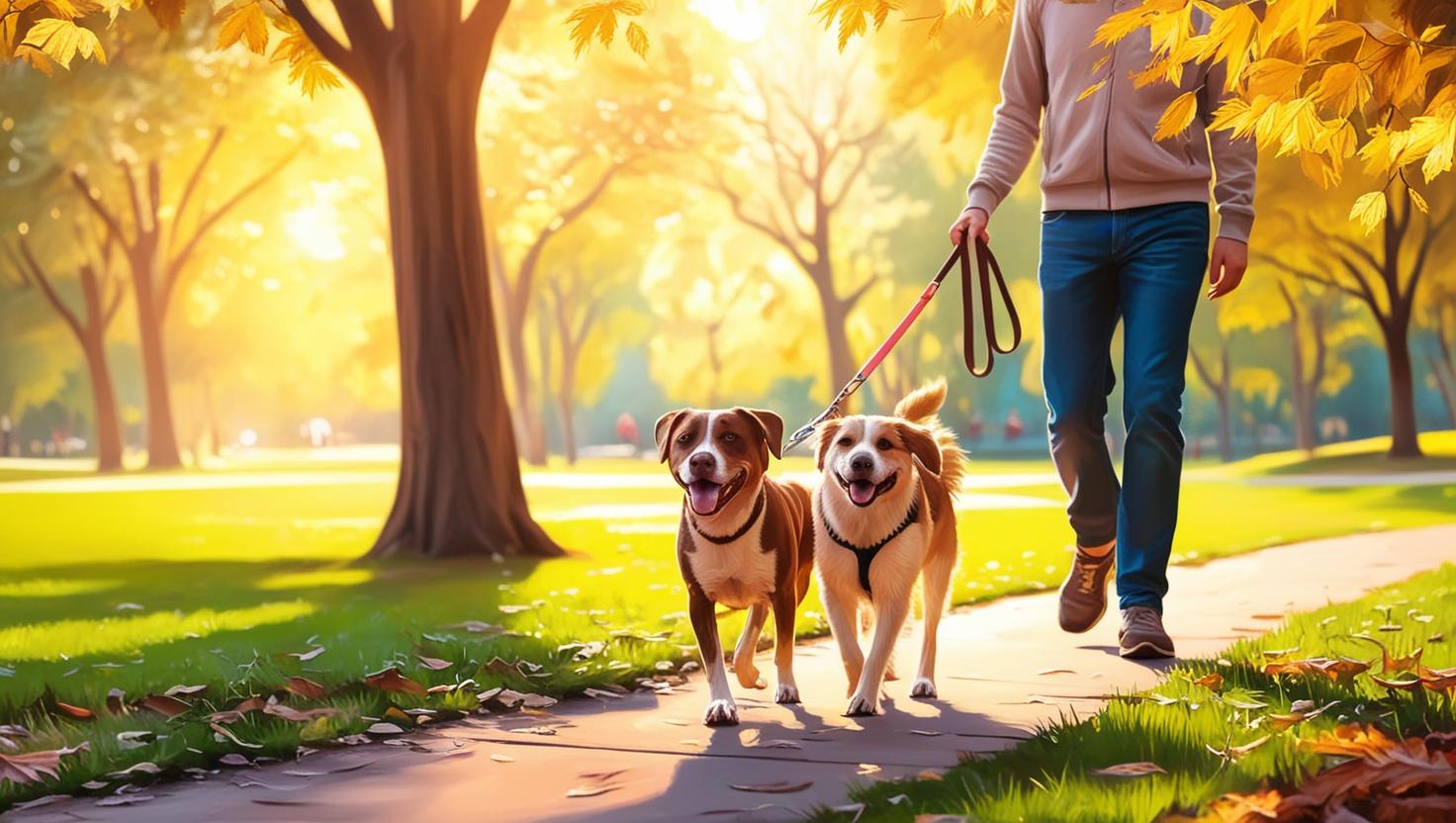 주인과 산책중인 강아지 2마리