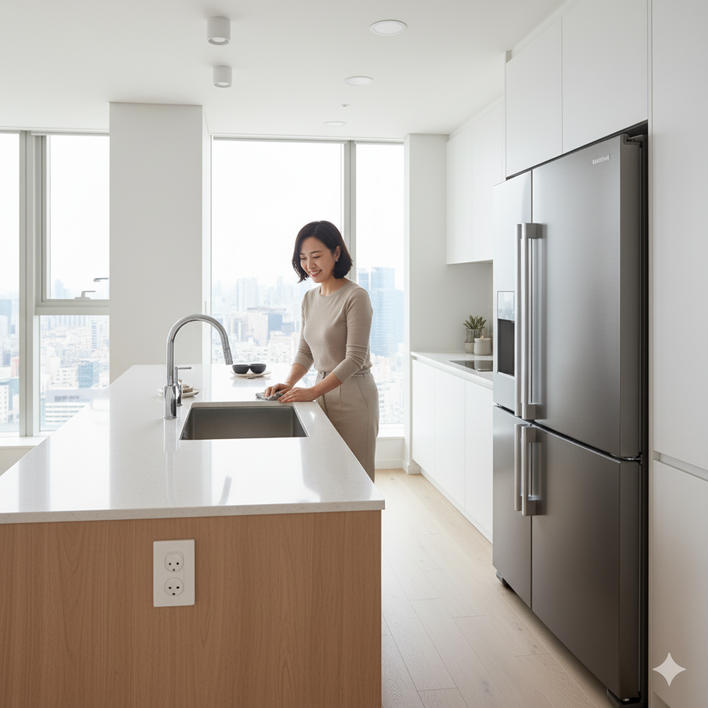 주방정리루틴을 통해 조리대, 싱크대, 냉장고가 효율적으로 배치된 깔끔한 주방 전경 (이미지 생성:google)
