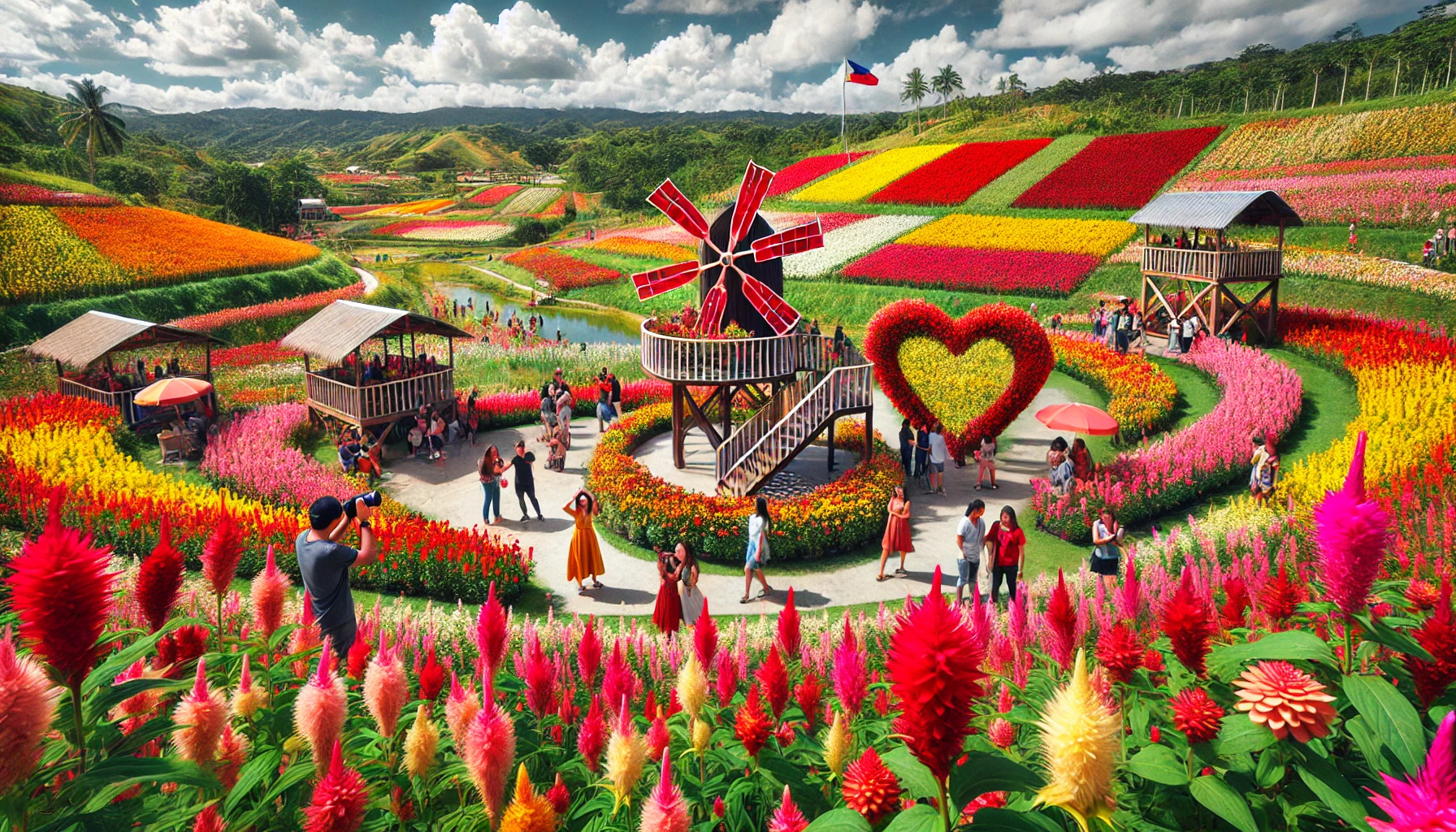 시라오 가든의 화려한 꽃밭과 다양한 포토존에서 사진을 찍는 사람들, 푸른 하늘과 대조되는 선명한 색상의 풍경