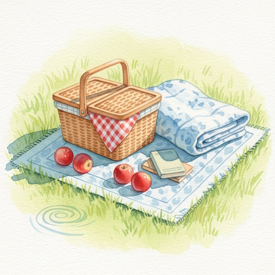 잔디밭 위에 놓인 소풍 바구니와 돗자리의 아늑한 풍경