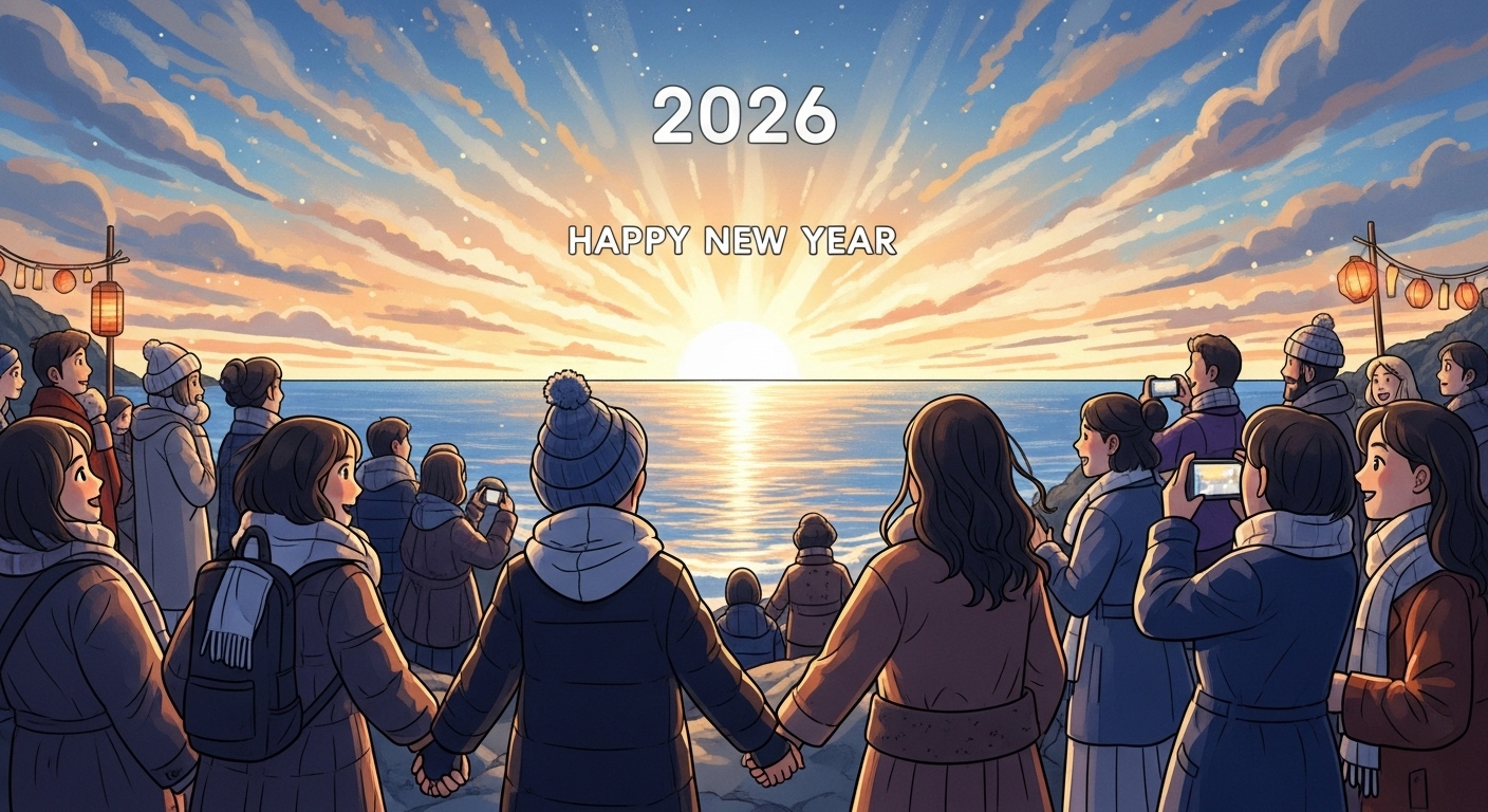 2026년 새해 첫 해돋이를 감상하는 사람들, 희망찬 새해 아침 풍경