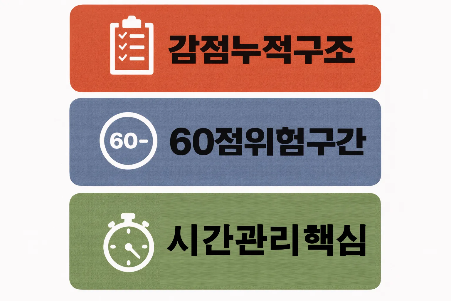 한식조리기능사 실기 감점 누적 구조와 60점 위험 구간 발생 원인을 시간 관리 기준과 함께 설명한 이미지