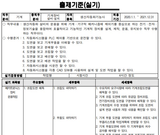 생산자동화기능사 출제기준
