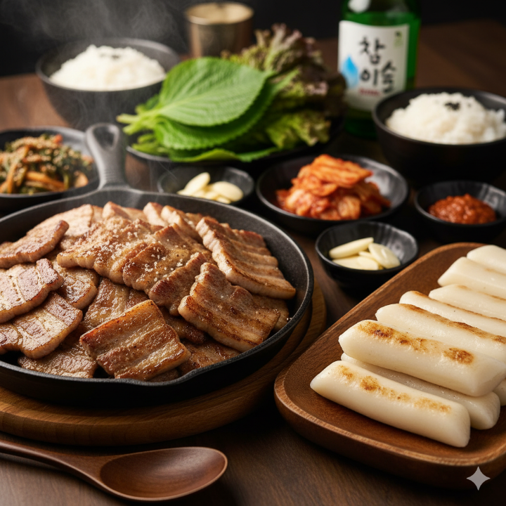 삼겹살과 가래떡이 함께 있는 이미지