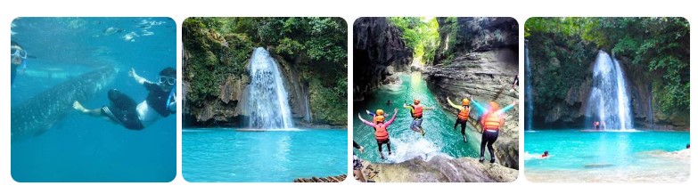 세부 오슬롭에서 고래상어와 수영하는 장면, 카와산 폭포의 에메랄드빛 수영장, 캐녀닝을 즐기는 여행자들의 모습이 담긴 필리핀 자연 여행 이미지