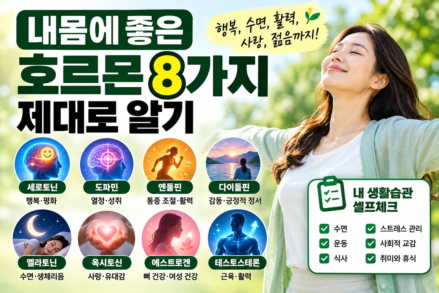 내몸에 좋은 행복 수면 활력 호르몬 8가지(세로토닌, 도파민, 엔돌핀, 다이돌핀 등) 종류와 역할 안내 썸네일 이미지
