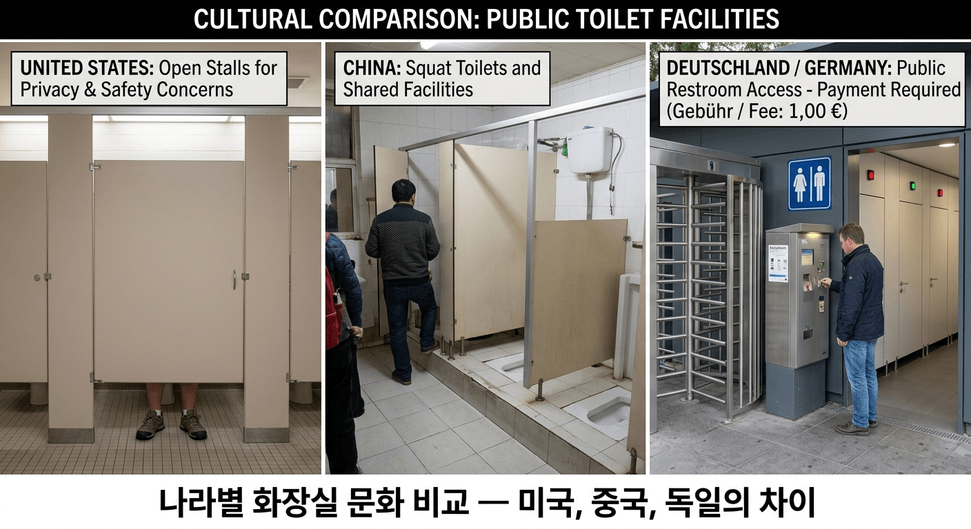 나라별 화장실 문화 비교 &mdash; 미국 칸막이 구조, 중국 위생 문제, 독일 유료 화장실 차이